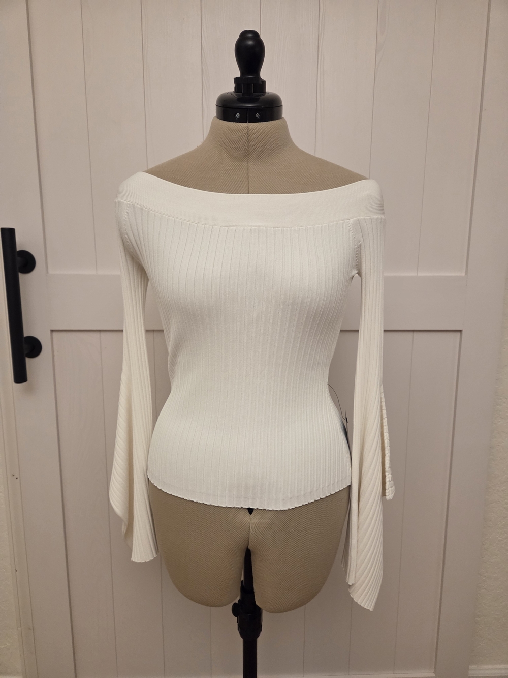BCBGMaxAzria Off-the-Shoulder White Ribbed Knit Sweater